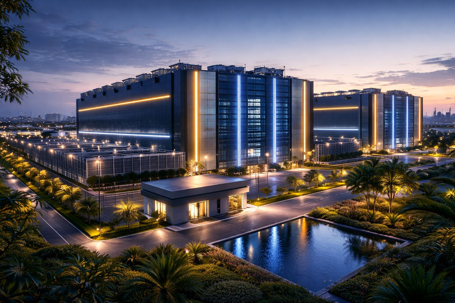 Kompleks pusat data nasional Cikarang dengan bangunan modern dan pencahayaan senja, merepresentasikan kesiapan infrastruktur data strategis Indonesia menuju tata kelola industri 2026.