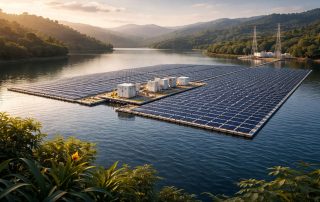 PLTS terapung Saguling di Jawa Barat dengan susunan panel surya di atas waduk, menampilkan integrasi pembangkit energi terbarukan ke jaringan listrik regional.