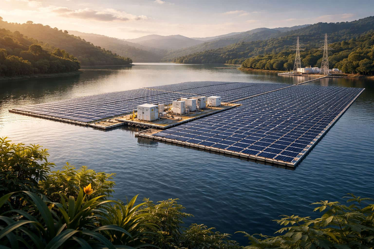 PLTS terapung Saguling di Jawa Barat dengan susunan panel surya di atas waduk, menampilkan integrasi pembangkit energi terbarukan ke jaringan listrik regional.