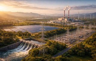 Panorama pembangkit listrik dan jaringan transmisi nasional yang menggambarkan rencana listrik nasional RUPTL, mencakup energi terbarukan dan konvensional dalam satu lanskap terintegrasi.