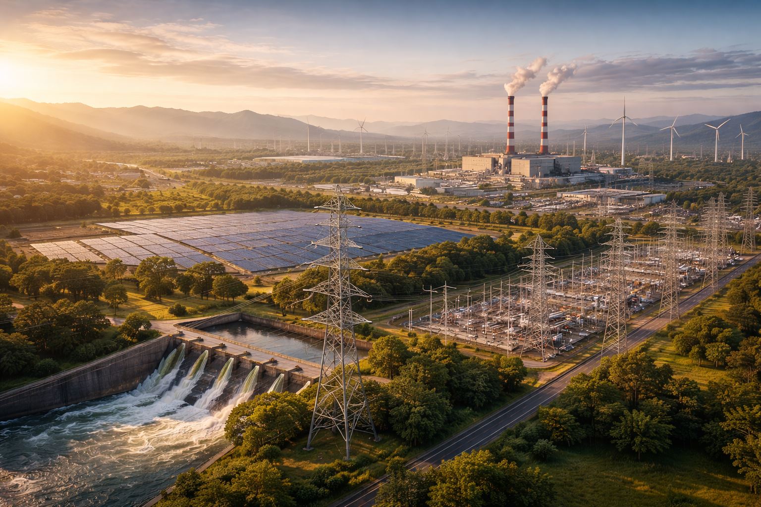 Panorama pembangkit listrik dan jaringan transmisi nasional yang menggambarkan rencana listrik nasional RUPTL, mencakup energi terbarukan dan konvensional dalam satu lanskap terintegrasi.