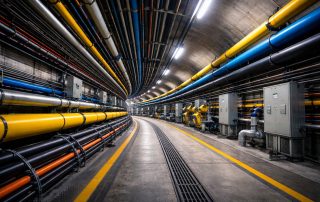 Terowongan utilitas terintegrasi IKN dengan sistem MEP modern, menampilkan pipa dan kabel tertata rapi sebagai bagian dari infrastruktur kota pintar fase utilitas.