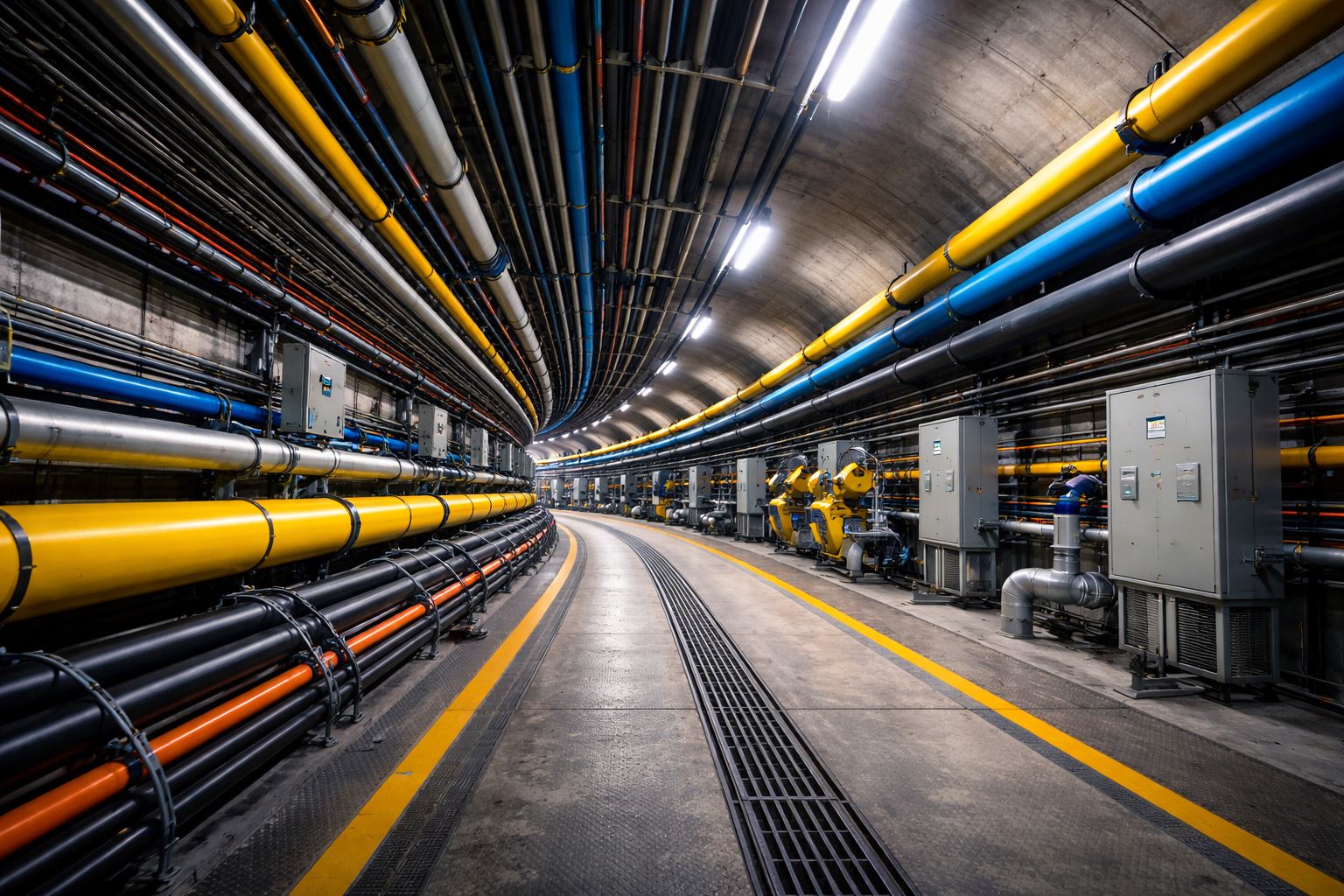 Terowongan utilitas terintegrasi IKN dengan sistem MEP modern, menampilkan pipa dan kabel tertata rapi sebagai bagian dari infrastruktur kota pintar fase utilitas.