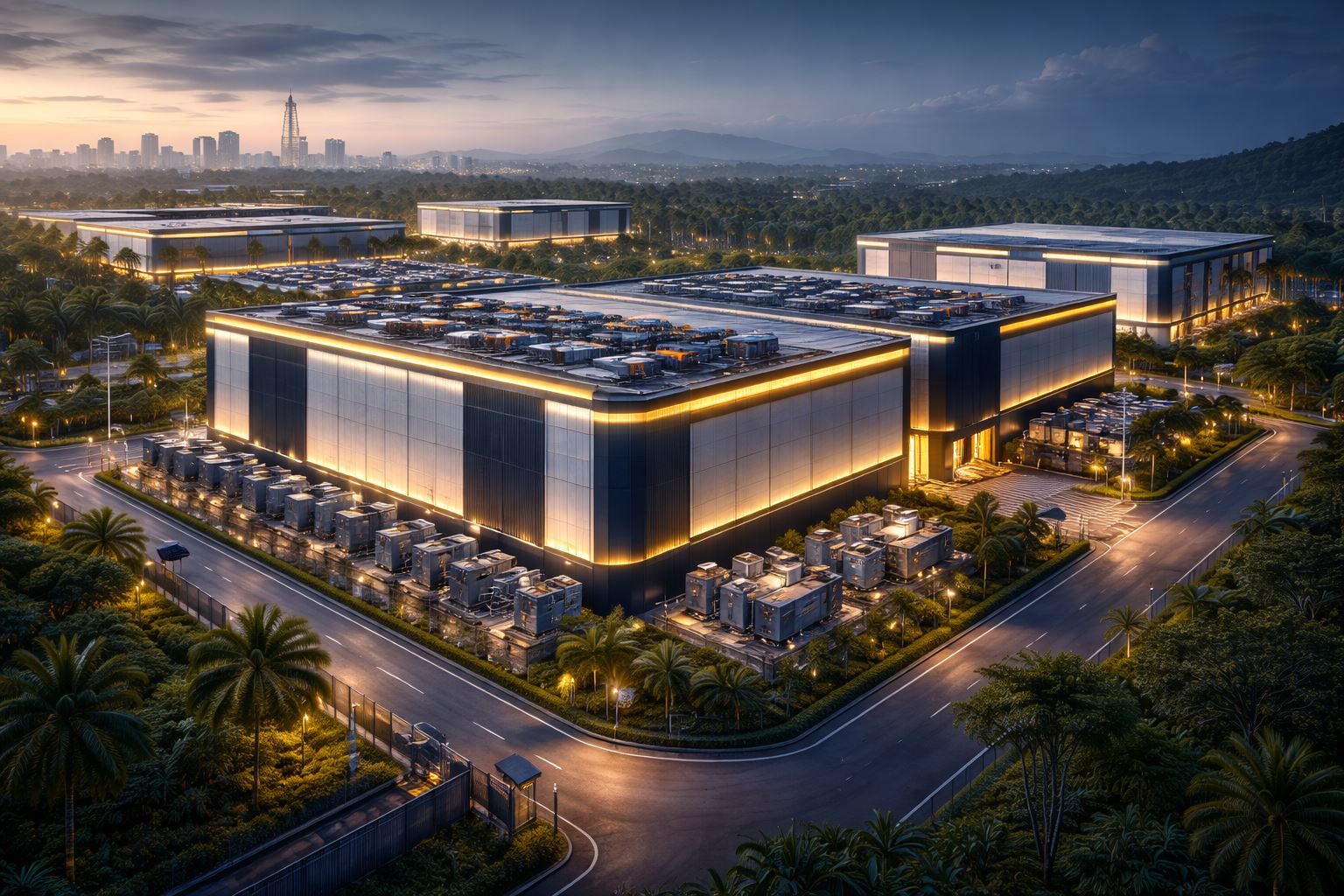 Kompleks data center modern berskala besar di Indonesia dengan pencahayaan senja, merepresentasikan investasi data center Indonesia dan kesiapan infrastruktur digital nasional.