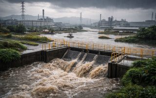 Sistem drainase kawasan industri di Jawa Barat yang meluap akibat banjir, menyoroti tantangan drainase industri Jabar banjir pada musim hujan ekstrem.