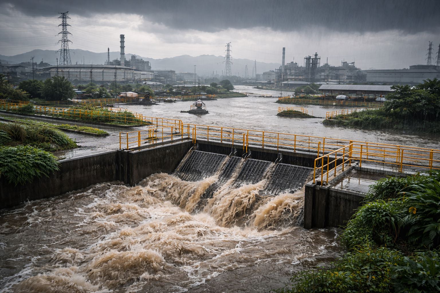 Sistem drainase kawasan industri di Jawa Barat yang meluap akibat banjir, menyoroti tantangan drainase industri Jabar banjir pada musim hujan ekstrem.
