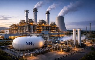 Fasilitas pembangkit listrik dengan sistem co-firing amonia, menampilkan infrastruktur bahan bakar modern dan kesiapan teknologi energi rendah karbon di Indonesia.