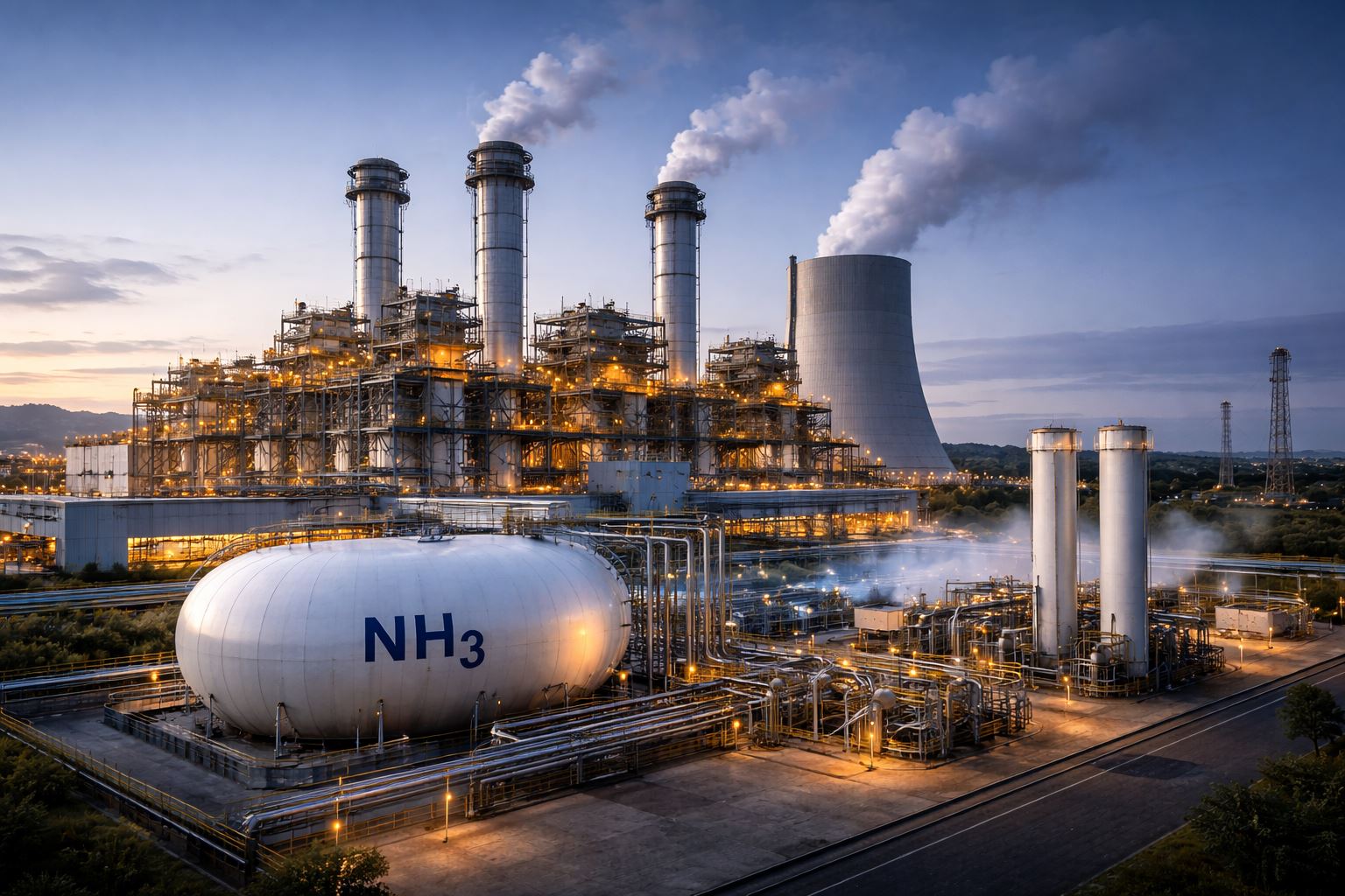 Fasilitas pembangkit listrik dengan sistem co-firing amonia, menampilkan infrastruktur bahan bakar modern dan kesiapan teknologi energi rendah karbon di Indonesia.