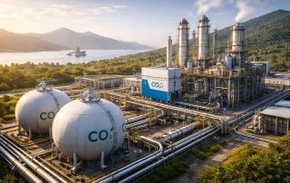 Fasilitas industri CCS dan CCUS di Indonesia dengan jaringan pipa dan unit penangkapan karbon modern, merepresentasikan proyek CCS CCUS Indonesia untuk sektor proses energi dan industri.