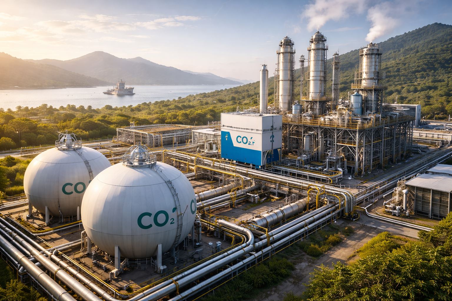Fasilitas industri CCS dan CCUS di Indonesia dengan jaringan pipa dan unit penangkapan karbon modern, merepresentasikan proyek CCS CCUS Indonesia untuk sektor proses energi dan industri.