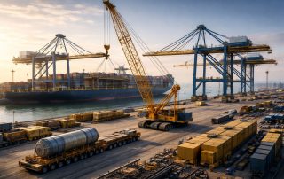 Aktivitas logistik kargo berat di Pelabuhan Patimban dengan crane dan kapal kontainer besar, menggambarkan patimban ekspansi logistik berat dan metode erection modern.