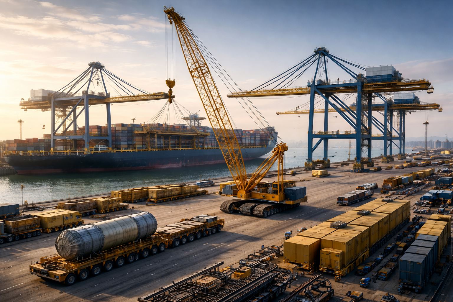 Aktivitas logistik kargo berat di Pelabuhan Patimban dengan crane dan kapal kontainer besar, menggambarkan patimban ekspansi logistik berat dan metode erection modern.