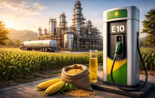 Fasilitas produksi dan distribusi bioethanol E10 di Indonesia dengan infrastruktur industri modern, merepresentasikan mandat bioethanol bensin Indonesia dan kesiapan adaptasi peralatan industri.