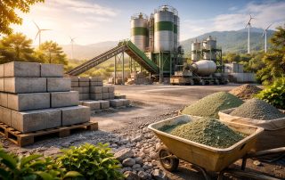 Fasilitas produksi beton ramah lingkungan dengan material geopolymer dan green concrete yang merepresentasikan beton rendah karbon Indonesia untuk proyek industri berkelanjutan.