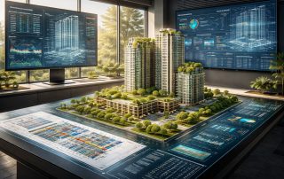 Visual model bangunan hijau berbasis BIM yang menampilkan integrasi desain digital, efisiensi energi, dan perencanaan berkelanjutan sebagai wujud adopsi BIM bangunan hijau di Indonesia.