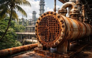 Heat exchanger industri dengan kerusakan akibat korosi material di iklim tropis, menunjukkan degradasi permukaan logam pada fasilitas proses di lingkungan lembap.