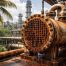 Heat exchanger industri dengan kerusakan akibat korosi material di iklim tropis, menunjukkan degradasi permukaan logam pada fasilitas proses di lingkungan lembap.