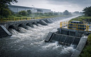 Sistem drainase kawasan industri di Jawa dengan aliran air terkendali saat hujan lebat, merepresentasikan mitigasi banjir kawasan industri melalui infrastruktur modern.