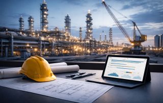 Foto ultra-realistis suasana konstruksi pabrik industri dengan blueprint, helm proyek, dan dashboard analitik jadwal—menonjolkan kinerja proyek industri efisien untuk eksekusi tepat waktu tanpa kehadiran manusia.