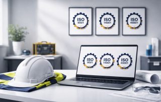 Foto profesional ultra-realistis bergaya minimalis tentang profesional bersertifikat standar ISO: helm keselamatan, blueprint, dan perangkat kerja teknik dengan aksen ungu tua dan kuning yang menegaskan kualitas serta keselamatan kerja.