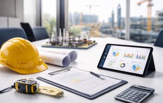 “Metrik kepuasan klien konstruksi ditampilkan lewat dashboard KPI di meja rapat minimalis, lengkap dengan blueprint dan helm proyek, menggambarkan pemantauan layanan mingguan untuk memastikan 100% klien puas.”