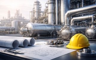 Ilustrasi ultra-realistic fasilitas EPC: pipa, pressure vessel, dan blueprint untuk mengukur roi epc fabrikasi commissioning pada proyek industri secara presisi.