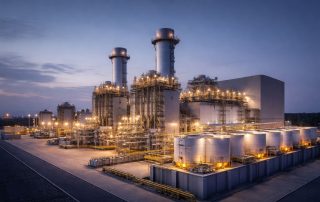 Pemandangan PLTGU modern saat senja dengan instalasi turbin dan jaringan pipa rapi, menggambarkan efisiensi commissioning pembangkit listrik melalui pencahayaan soft dan tampilan industri yang bersih.
