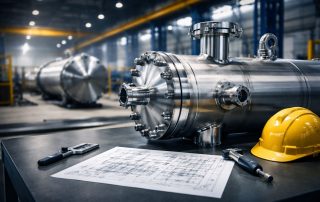 Ilustrasi ultra-realistik indikator mutu fabrikasi industri pada komponen pressure vessel stainless steel: detail pengelasan rapi, flange presisi, alat ukur mikrometer dan kaliper, serta lembar engineering drawing untuk kontrol kualitas ASME/ASTM/AWS.
