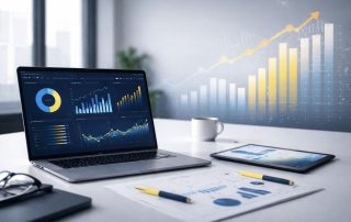 Ilustrasi workspace minimalis dengan dashboard analitik untuk strategi procurement berbasis data, menampilkan grafik kinerja dan tren lead time secara profesional.