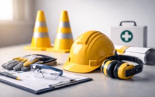 Perlengkapan K3 ISO 45001 minimalis: helm proyek, kacamata pelindung, sarung tangan, earmuff, dan checklist inspeksi untuk mendukung zero accident hours.