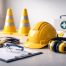 Perlengkapan K3 ISO 45001 minimalis: helm proyek, kacamata pelindung, sarung tangan, earmuff, dan checklist inspeksi untuk mendukung zero accident hours.