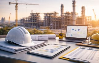 “Dashboard monitoring harian pengiriman tepat waktu proyek konstruksi industri dengan indikator progres dan jadwal real-time, nuansa minimalis profesional.”
