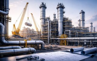 Ilustrasi ultra-realistis alur erection hingga mechanical completion pada instalasi pabrik industri: piping, struktur baja, dan crane untuk memahami alur erection mechanical completion.