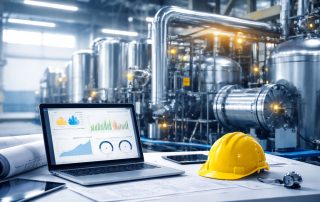 Ilustrasi parameter efisiensi fase commissioning: perangkat monitoring energi, panel kontrol, dan instrumen pengukuran untuk pencatatan kinerja sistem secara hemat energi.