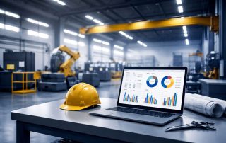 Produktivitas workshop OEE yield: suasana workshop fabrikasi modern yang rapi dengan mesin presisi, area QC, dan scrap metal minimalis untuk ilustrasi pengukuran OEE, yield, dan scrap rate.