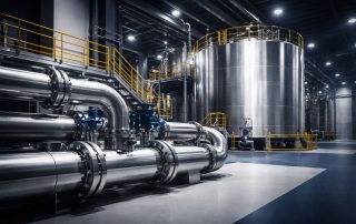 Ilustrasi ultra-realistik pipa stainless dan tangki industri dengan pencahayaan lembut, menggambarkan biaya kualitas material piping dan kontrol mutu pada sistem piping & tank.