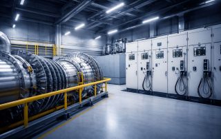 Ilustrasi ultra-realistis panel switchgear modern dengan siluet turbin pembangkit, menggambarkan keandalan turbin dan switchgear melalui pendekatan engineering berbasis MTBF.