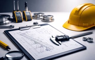 Ilustrasi QA/QC minimalis di meja inspeksi: blueprint conveyor, alat ukur presisi, dan perlengkapan kontrol mutu sebagai checkpoint kepatuhan ANSI CEMA pada proyek fabrikasi & instalasi industri.