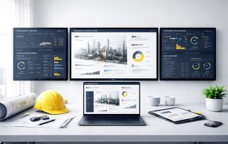Dashboard integrasi EPC erection: tampilan minimalist lima panel untuk menyatukan data engineering, procurement, dan progress erection dari desain hingga site.