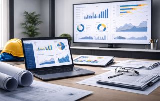 Ilustrasi meja kerja engineering dengan dashboard analitik proyek industri dan dokumen teknis, menonjolkan pelajaran berbasis data proyek dari ratusan eksekusi lapangan.