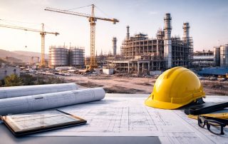 Ilustrasi ultra-realistis manajemen proyek konstruksi modern di area konstruksi industri: blueprint, tablet, dan helm keselamatan menghadap struktur baja serta crane untuk kontrol jadwal dan biaya.