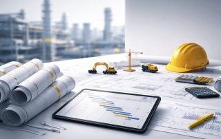 Visual data perencanaan proyek industri dalam tampilan digital dan blueprint teknis untuk mengurangi risiko keterlambatan proyek konstruksi.