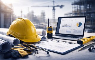 Visual representasi statistik kompetensi tenaga konstruksi melalui komposisi peralatan teknik, helm keselamatan, dan dashboard analisis proyek dalam suasana profesional minimalis.