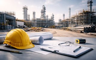 Ilustrasi fasilitas proyek industri modern dengan pendekatan terstruktur yang merepresentasikan pengalaman tim proyek industri dalam mengendalikan rework, klaim, dan efisiensi jadwal.