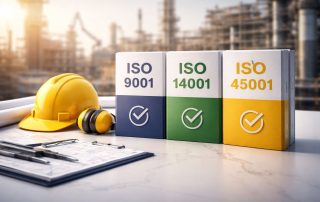Ilustrasi sertifikasi ISO untuk konstruksi modern yang merepresentasikan ISO 9001, 14001, dan 45001 dalam sistem manajemen mutu, lingkungan, dan keselamatan proyek industri.