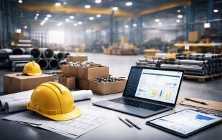 Ilustrasi ultra-realistis bottleneck procurement konstruksi modern yang menampilkan staging material, dokumen spesifikasi teknis, dan alur persetujuan dalam lingkungan proyek industri minimalis.