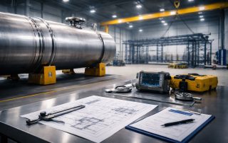 Visual metrik kualitas fabrikasi erection pada pressure vessel industri dengan fokus dimensi presisi, kualitas welding, pengujian NDT, dan kontrol dokumentasi proyek konstruksi modern.