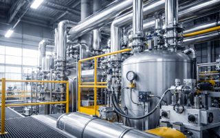Visual proses commissioning pabrik industri dengan instalasi pressure vessel dan sistem perpipaan stainless steel yang siap uji operasional sebelum plant dinyatakan siap produksi.