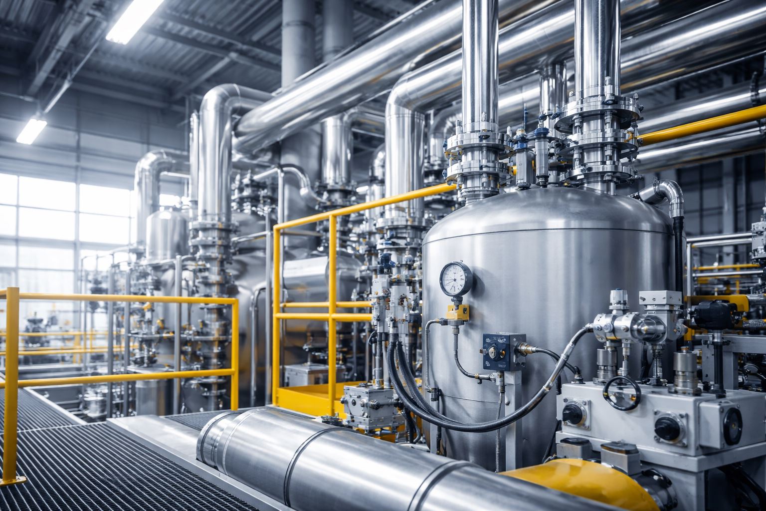 Visual proses commissioning pabrik industri dengan instalasi pressure vessel dan sistem perpipaan stainless steel yang siap uji operasional sebelum plant dinyatakan siap produksi.