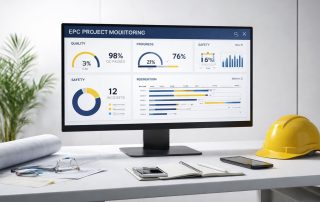 Visual dashboard monitoring proyek EPC yang menampilkan indikator mutu, progres pekerjaan, dan keselamatan kerja dalam tampilan modern dan minimalis untuk kebutuhan evaluasi harian proyek.